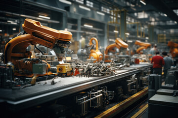 Poster - A factory assembly line with machinery working at a fast pace, illustrating the efficiency of mass production. Concept of industrial speed. Generative Ai.