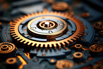 Poster - Pixelated gears turning in harmony, symbolizing the seamless operation and functionality of interconnected digital systems. Concept of digital synergy. Generative Ai.
