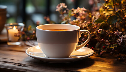 Wall Mural - Cozy coffee cup on rustic wood, a comforting drink generated by AI