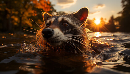 Wall Mural - Cute raccoon playing in the water at sunset generated by AI