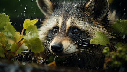 Wall Mural - Cute small raccoon sitting in wet green grass generated by AI