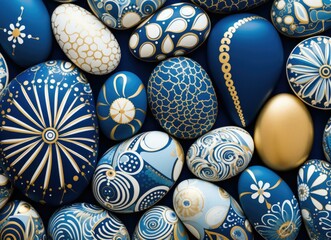 Canvas Print - Easter eggs with blue and white designs on a dark background. Generative AI.