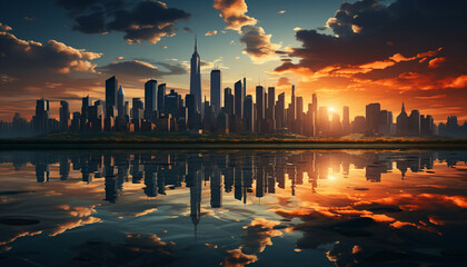 Poster - Vibrant city skyline reflects in water at sunset generated by AI