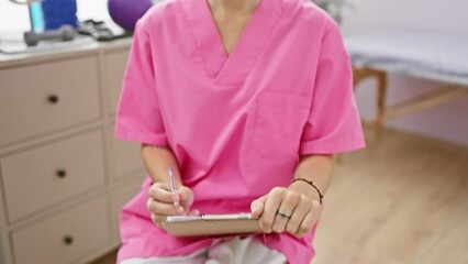 Poster - Confident female therapist in pink scrubs poses in a bright rehabilitation clinic