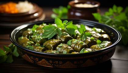 Sticker - Fresh organic vegetable salad on wooden plate with parsley garnish generated by AI