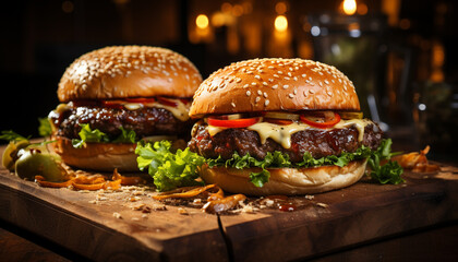 Wall Mural - Grilled beef burger with cheese, tomato, onion on rustic bread generated by AI