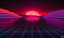 A Retro Neon Landscape With Futuristic Elements, Blending Purple Hues And Geometric Shapes For A Vibrant 80s-inspired Design