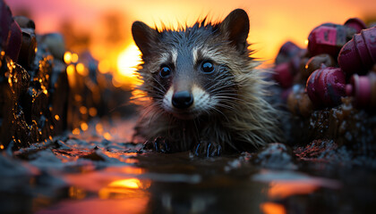 Wall Mural - Cute raccoon playing in the wet grass generated by AI