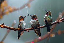Hummingbird Sitting In The Rain Fall On A Branch AI Generative
