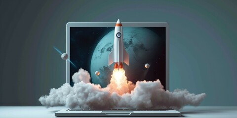 Wall Mural - Rocket coming out of a laptop screen against blue background 3D rendering