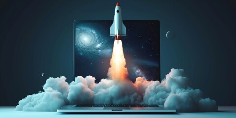 Wall Mural - Rocket coming out of a laptop screen against blue background 3D rendering