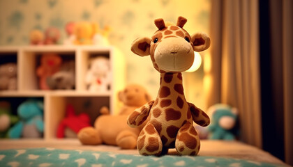 Sticker - Cute teddy bear plays with giraffe in cozy bedroom generated by AI