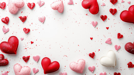 Wall Mural - Valentine's day background with red and pink hearts on white background, flat lay, with copy space.