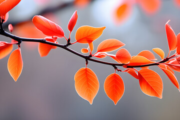 Wall Mural - blurry red orange in spring: red-orange flowers blooming against a blurry background on branches, th