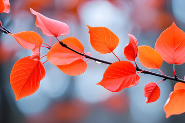 Wall Mural - blurry red orange in spring: red-orange flowers blooming against a blurry background on branches, th