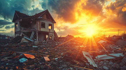 Poster - The sun is setting behind a streetscape devastated by a natural disaster. Generative AI