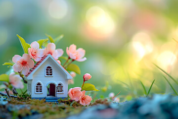 Wall Mural - Mini toy house and cherry flowers. house on spring nature background. 