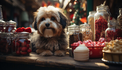 Sticker - Cute puppy sitting, looking at camera, eating homemade gourmet snack generated by AI