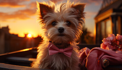 Canvas Print - A cute small terrier puppy sitting outdoors, looking at sunset generated by AI