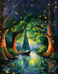  Boat Sailing Through Enchanted Forest with Firefly Illumination