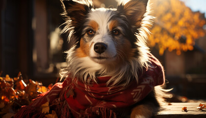 Sticker - Cute puppy sitting outdoors, looking at camera, surrounded by autumn leaves generated by AI