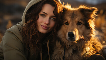 Poster - Young woman embracing cute dog outdoors, both smiling and playful generated by AI