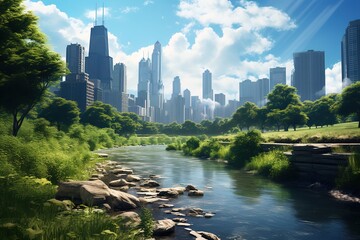 Wall Mural - City views with tall buildings and clear rivers. generative Ai