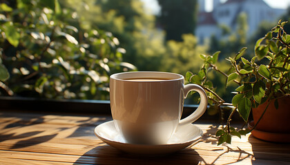 Wall Mural - Fresh coffee cup on wooden table in outdoor nature generated by AI