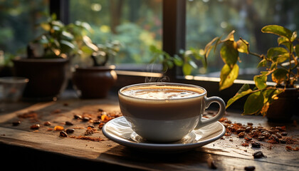 Canvas Print - Freshness in a cup, coffee aroma fills the rustic coffee shop generated by AI