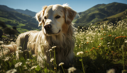 Poster - Cute puppy sitting in meadow, looking at camera, playful generated by AI