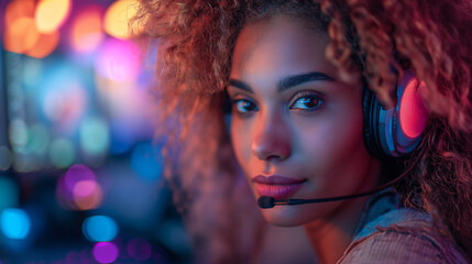 Smiling young asian female gamer playing with a controller in a cozy, colorful room illuminated by ambient lights.