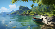 A Painting Of A Small Boat On The Shore Of A Beach With Some Water And Mountains
