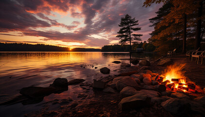 Canvas Print - Tranquil scene of a sunset over a mountain, reflecting in water generated by AI