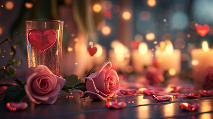 Wall Mural - Valentine's day with candle and pink rose on the table wallpaper. Created using generative AI.