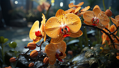 Wall Mural - A fresh orchid blossom, wet with dew, in a tropical forest generated by AI