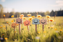 Colorful Smileys In A Spring Field Of Flowers