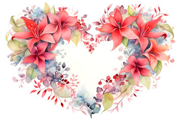 Wall Mural - Watercolor romantic floral frame in heart shape for love valentine wedding holiday banner background