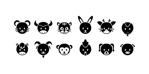 Poster - Set of Animals Head Glyph Icon. Chinese Zodiac Vector Illustration.