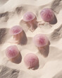 flat lay design with jellyfish on a bright sandy beach, background, bold minimalism