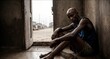 impoverished, skinny black man in a fishing village in Africa, possibly Somali, highlighting the economic challenges and hardships faced by individuals in such communities.
