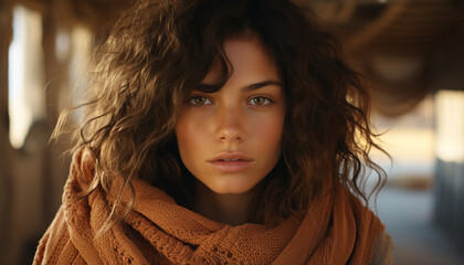 Poster - Young woman with brown hair looking at camera outdoors, smiling generative AI