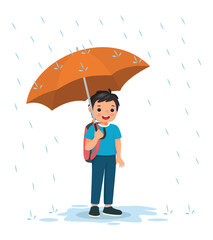 Canvas Print - Happy little boy student with backpack holding umbrella going to school in the rain