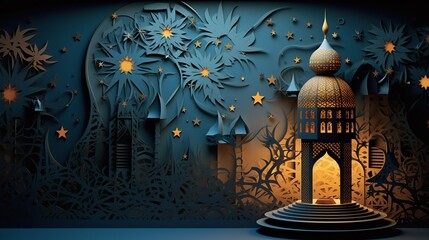 Canvas Print - Illustration of Ramadan Kareem background with lanterns and snowflakes.