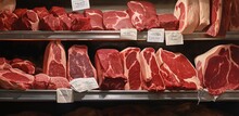 Fresh Red Meat Slices In The Supermarket. Generative AI
