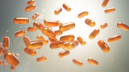 Close-up of floating omega-3 fish oil capsules with a golden hue on a bright background.