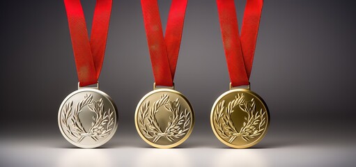 Row of Bronze and silver gold medals on gray Background. generative AI