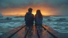 Couple Enjoying A Serene Sunset At The Beach. Moments Of Peace And Reflection By The Sea. Intimate And Tranquil Scene. AI