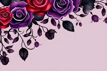 Wall Mural - purple flower border watercolor illustration: hand drawing style flowers, red rose png, halloween in