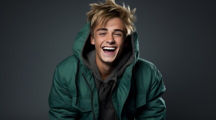 Wall Mural - A jovial young man in a warm winter jacket laughing against a grey background, expressing happiness.