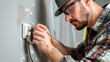 © sderbane - A male electrician works in a switchboard with an electrical connecting cable.